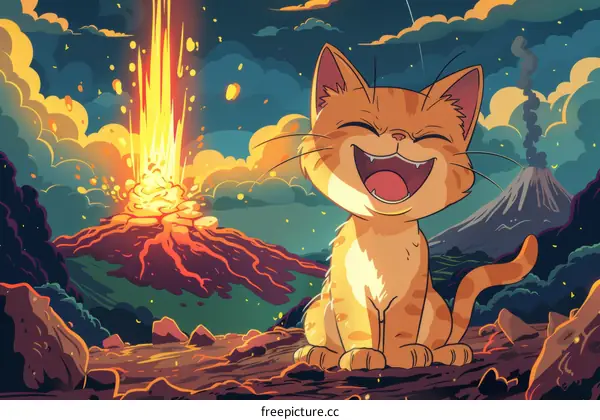 Cat looking at a volcanic eruption