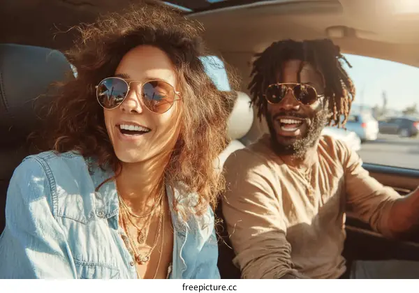 Happy Couple Enjoying a Road Trip in a Car