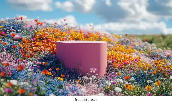 Vibrant Flower Field with Pink Cylinder
