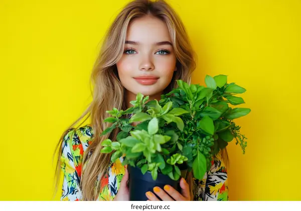 Beautiful Woman Holding Plants against a Yellow Background