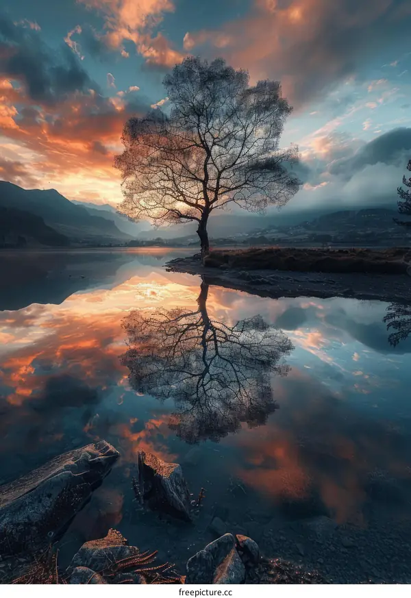 A Tree in the Lake with a Sunset in the Background