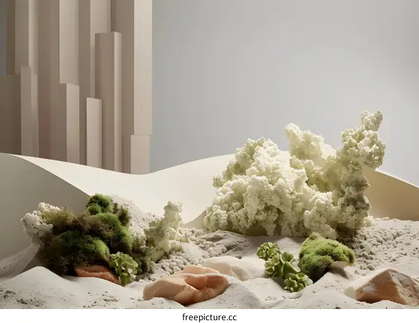 Abstract Minimalist Sand Dune Landscape With Green Plants