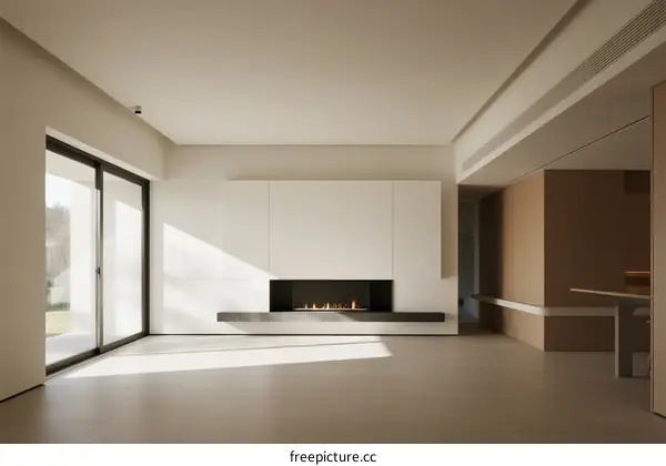 Modern minimalist interior space with large windows and fireplace