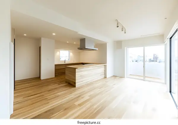 Modern Minimalist Kitchen Design with Wooden Countertop and Floor