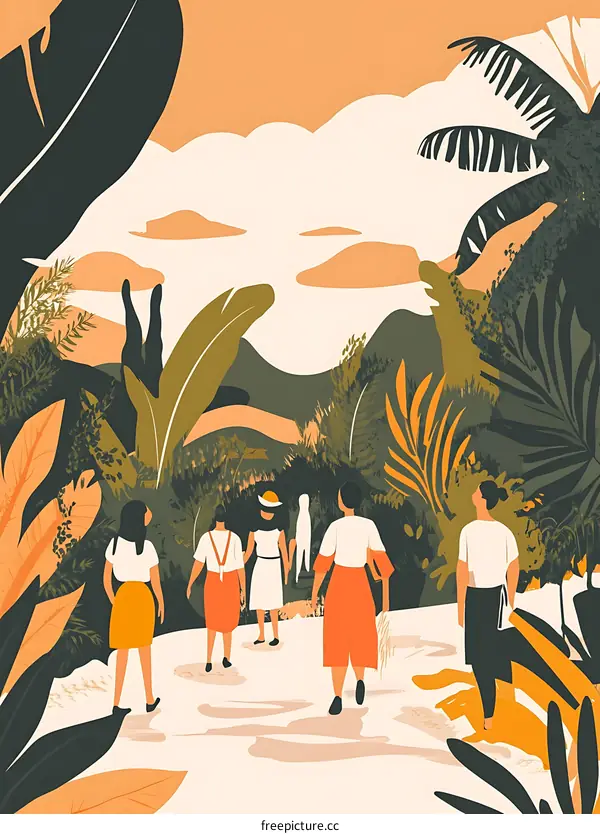 Group of Friends Hiking Through Lush Jungle