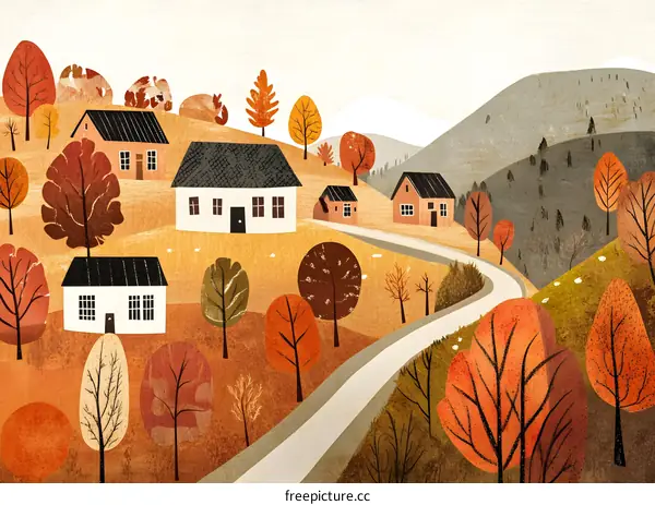 Autumn Landscape with Winding Road and Colorful Trees