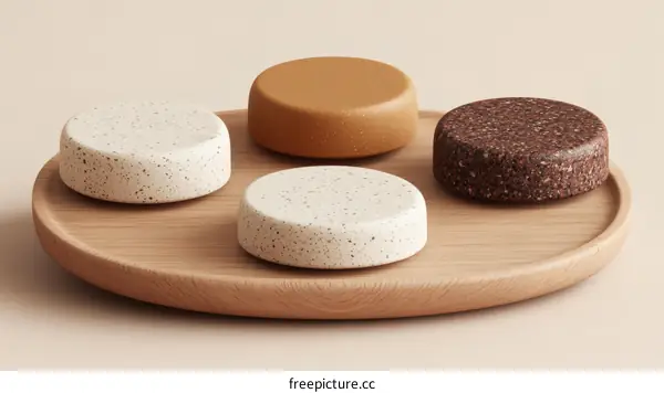 Four Round Objects on Wooden Tray