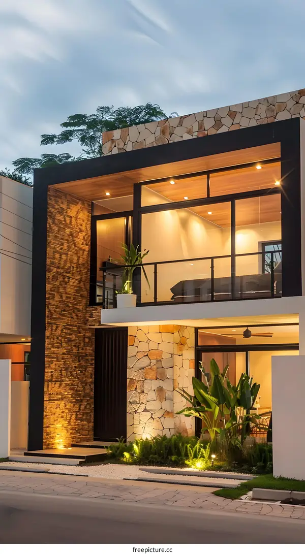 Modern House With Stone Facade and Balcony