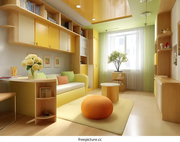 Childrens Room Interior Design with Yellow and Wooden Furniture