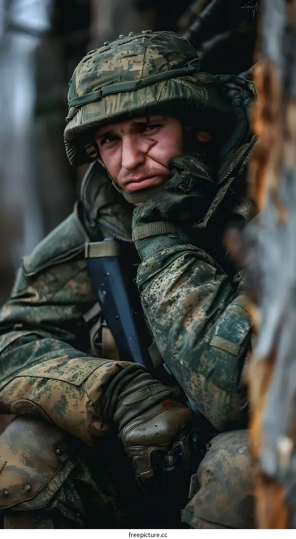 A soldier wearing a camouflage uniform and a helmet is sitting on the ground, leaning against a tree.