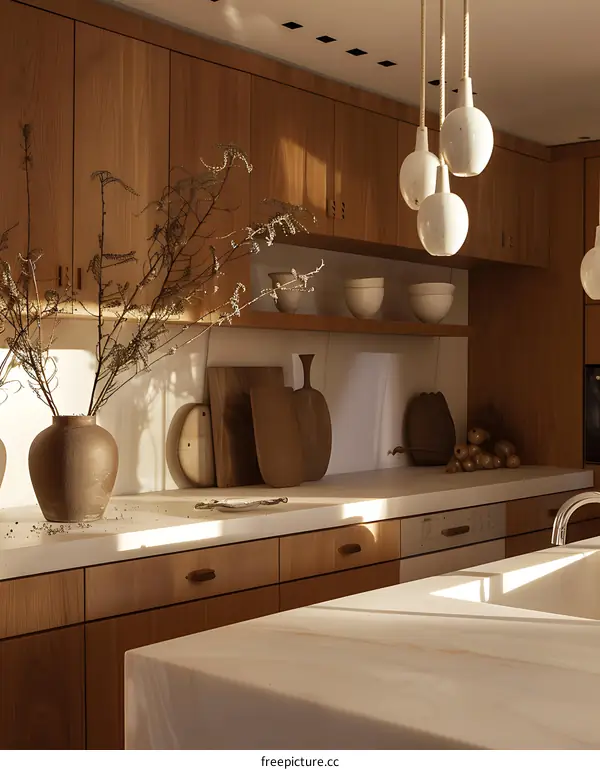 Modern Kitchen Interior Design with Wooden Cabinets and Marble Countertops