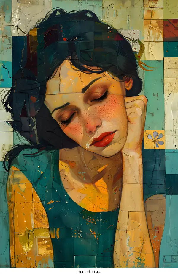 Woman with Closed Eyes in a Collage Style Painting