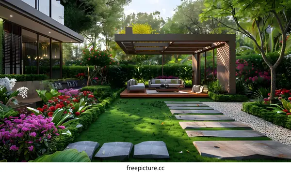 Asian style garden with stone path and seating area