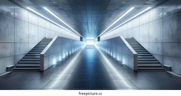 Futuristic Tunnel with Bright Light and Stairs