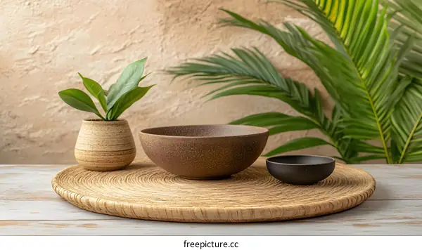 Brown Ceramic Bowl On Woven Tray With Green Plant
