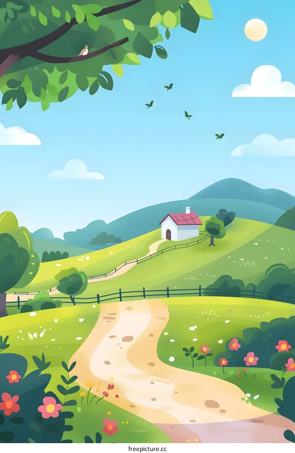 Green Meadow with a Small White House and a Winding Path