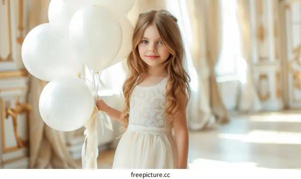 Little girl with white balloons standing in a large room