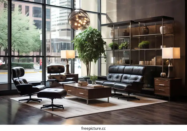 Modern office lobby with leather furniture and plants