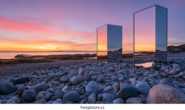 Reflective Sculpture on a Beach at Sunset