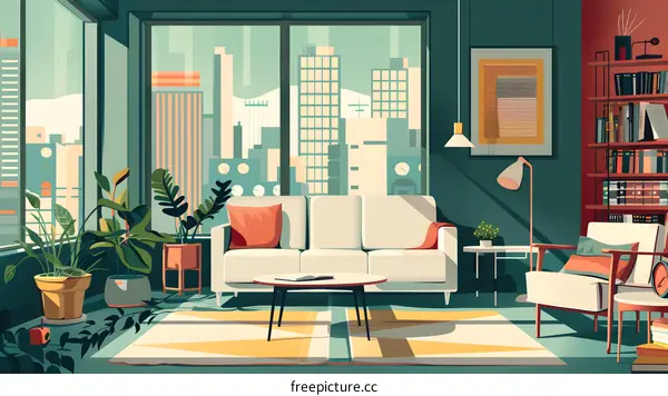 Modern Living Room Interior Design with City View Illustration