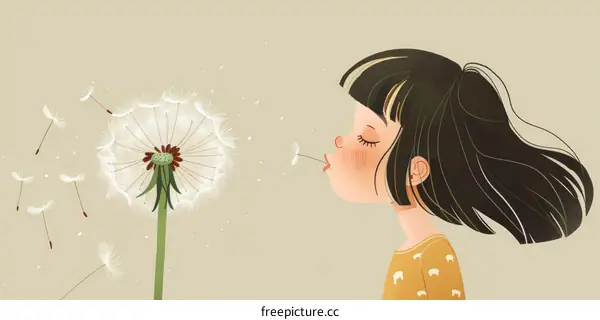 Girl Blowing Dandelion Seeds in Field