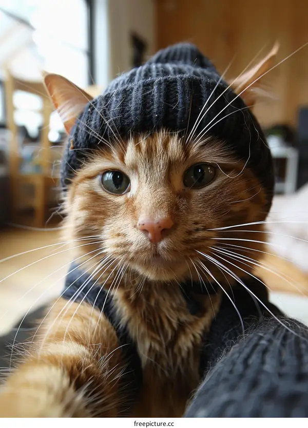 A ginger cat wearing a gray beanie