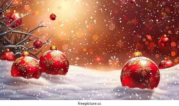 Red and gold Christmas ornaments in the snow against a blurred background of falling snow and twinkling lights
