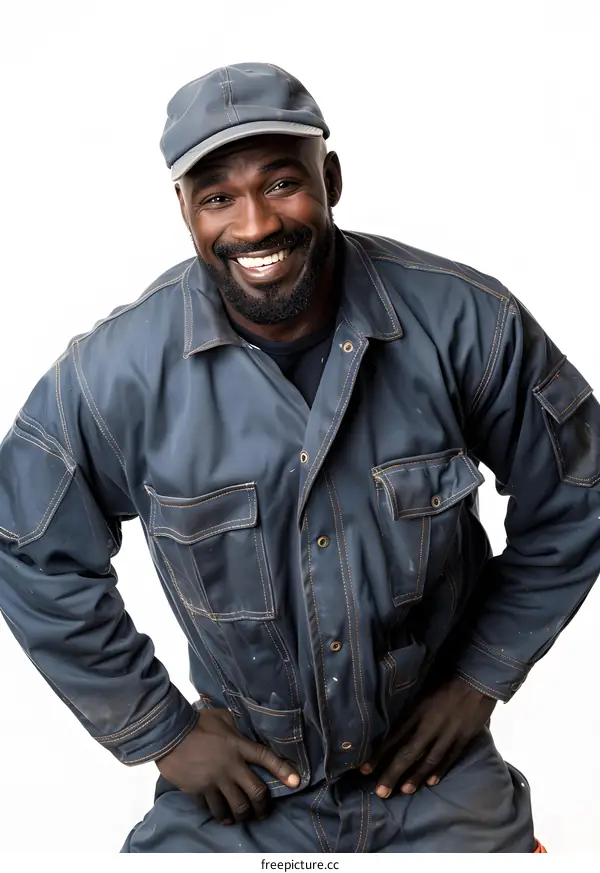 Smiling Black Man in Work Uniform on White Background