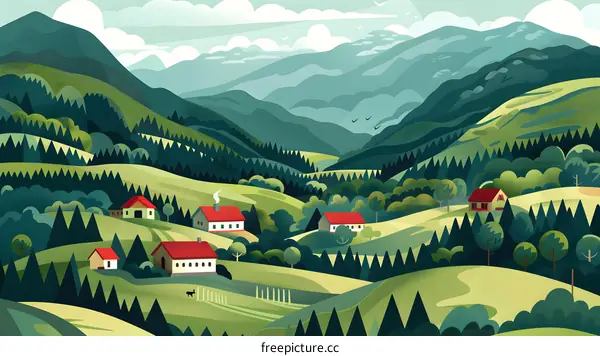 Green Mountain Landscape with Red Roofed Houses