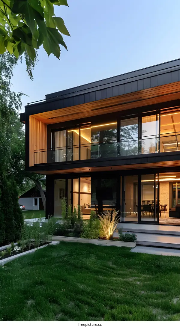 Modern House with Large Windows and a Green Lawn