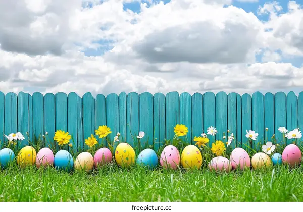 Easter Eggs by a Blue Wooden Fence