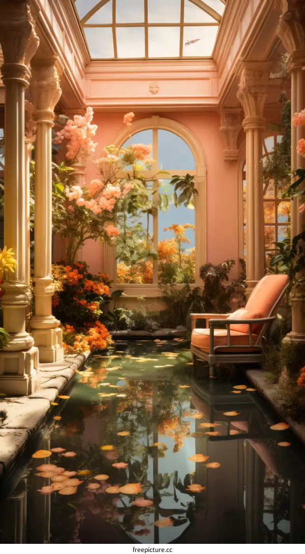 Pink dream world with flowers and a chair