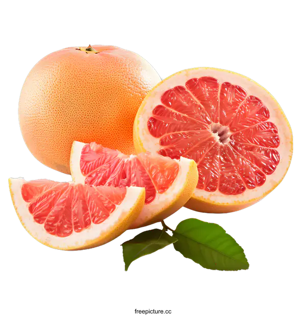 [Transparent Background PNG]Freshly Cut Grapefruit with Leaves on a White Background