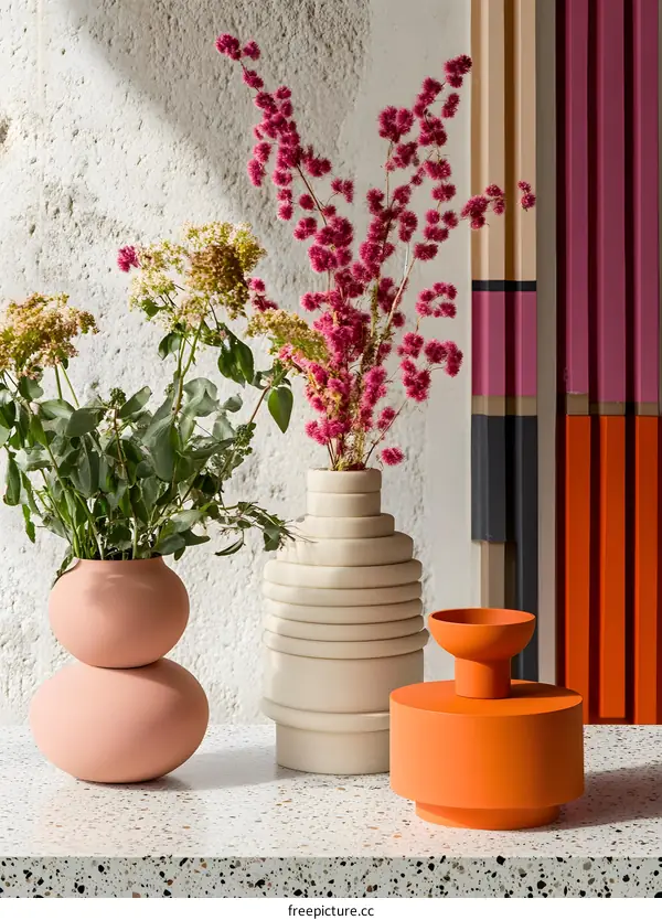 White, Orange, Pink Vases with Flowers on a Terrazzo Countertop