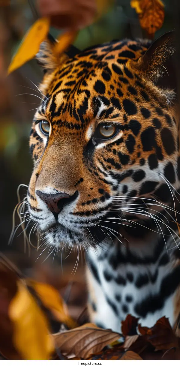 Close up portrait of a jaguar staring intensely