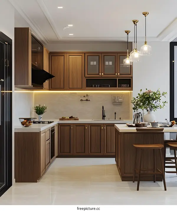 Modern Kitchen Interior Design with Wooden Cabinets and Pendant Lights