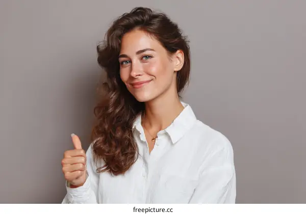 Smiling Woman Giving Thumbs Up Against Grey Background