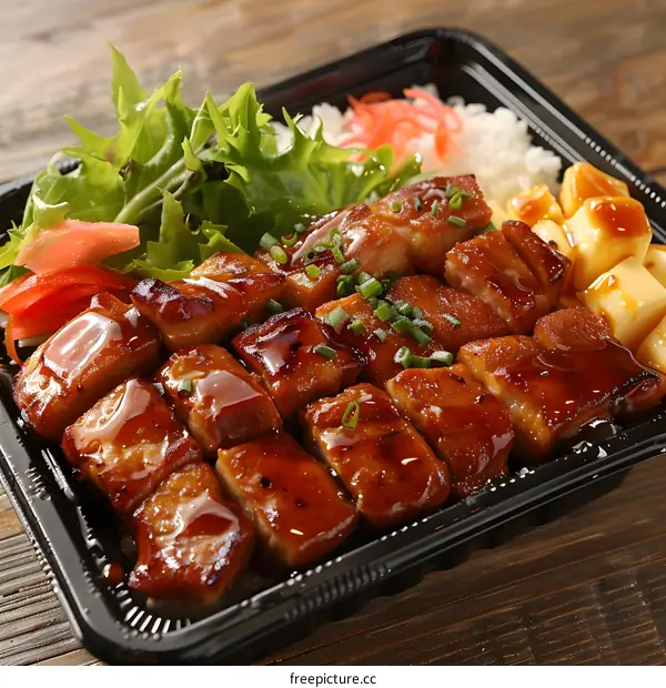 Japanese Teriyaki Chicken Bento Box with Rice and Salad
