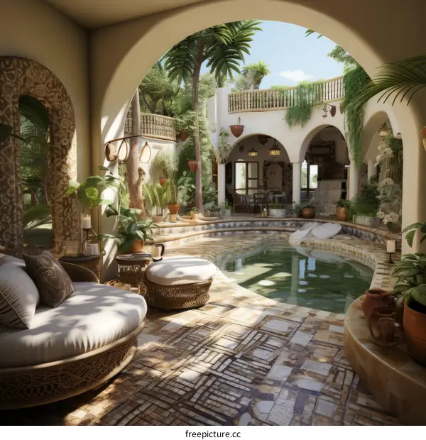 Courtyard with swimming pool and lush greenery