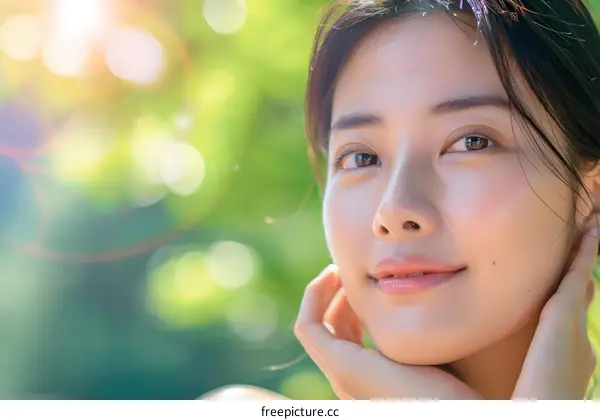 Beautiful Asian Woman with Glowing Skin in Nature