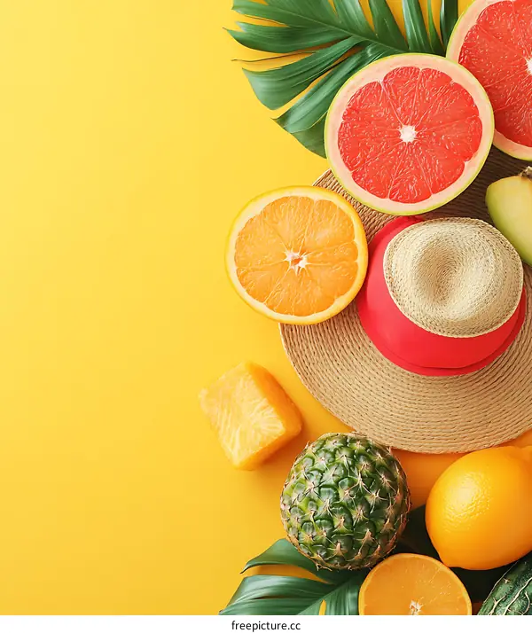 Tropical Fruits Summer Background with Hat and Palm Leaves on Yellow Background