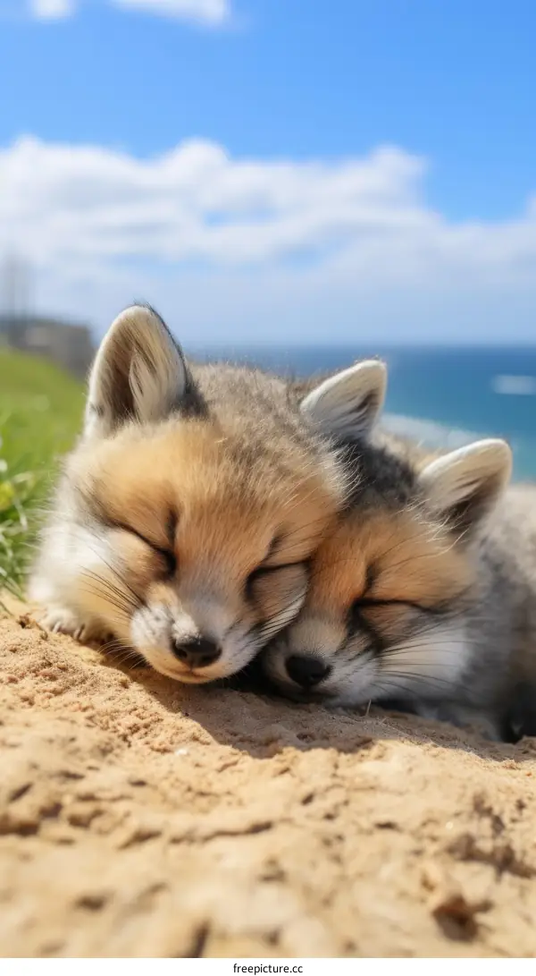 Two Cute Baby Fennec Foxes Sleeping