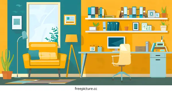 Modern Home Office Interior Design with Yellow Armchair and Desk