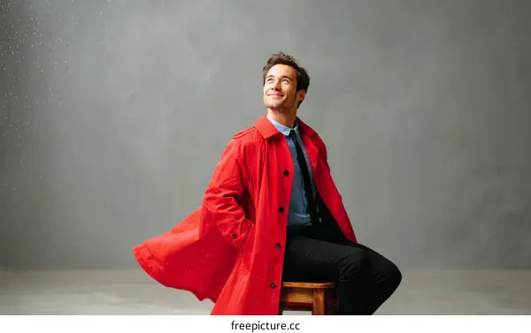 Stylish Man in Red Trench Coat against Gray Background