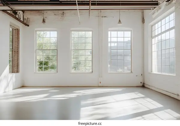 Empty White Brick Wall Room with Windows