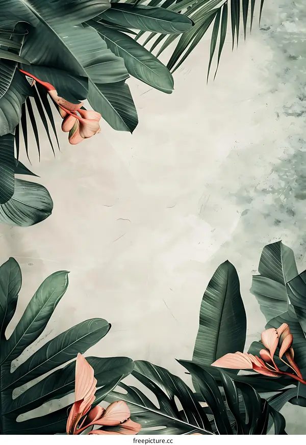 Tropical Leaves and Flowers on Gray Background
