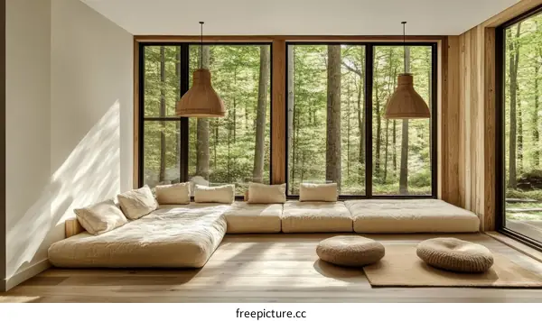 Modern Minimalist Living Room with Forest View