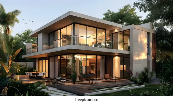 Modern concrete house with palm trees