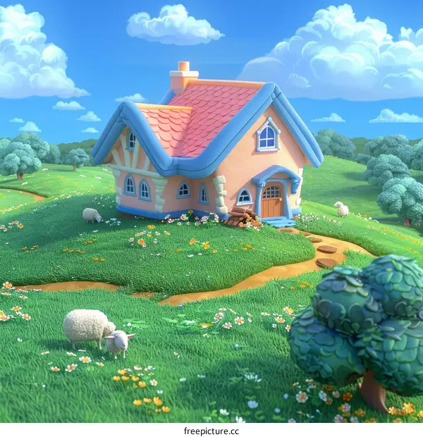 A cute cartoon house in the middle of a green field