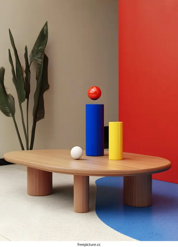 Abstract Minimalist Design with Geometric Shapes and a Wooden Coffee Table